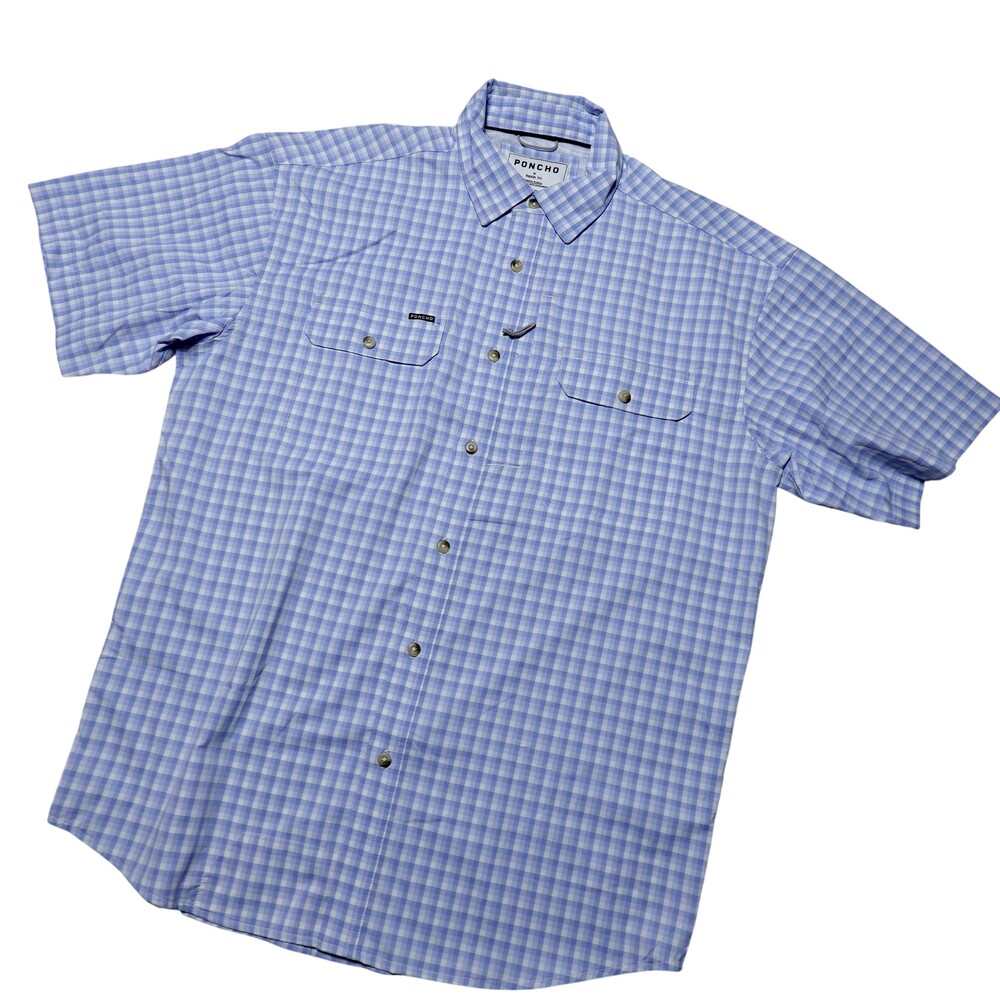 Poncho Shirt Mens M Blue Check Short Sleeve Button Up Magnetic Pockets Casual